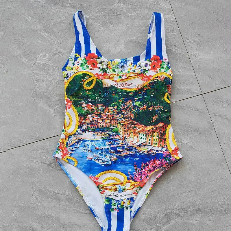 Luxury Brand Colorful Printed One-Piece Swimwear 2023 Women Summer Beach Vacation Bikini Colored Landscape Pattern Sexy Swimsuit Blue