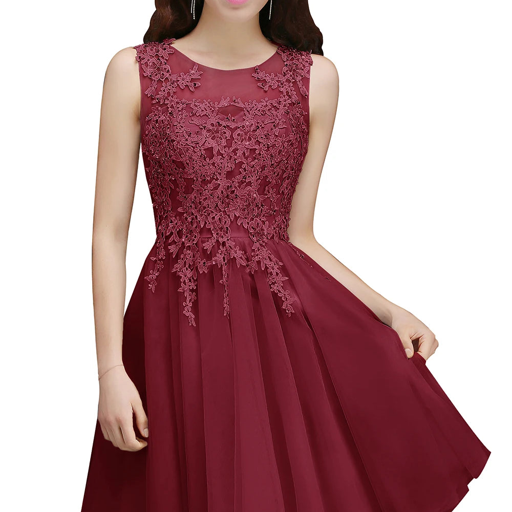 Short Homecoming Dress Illusion Neckline Sleeveless Floral Appqulies Evening Dress With Integrated Cup Chiffon Skirt Burgundy