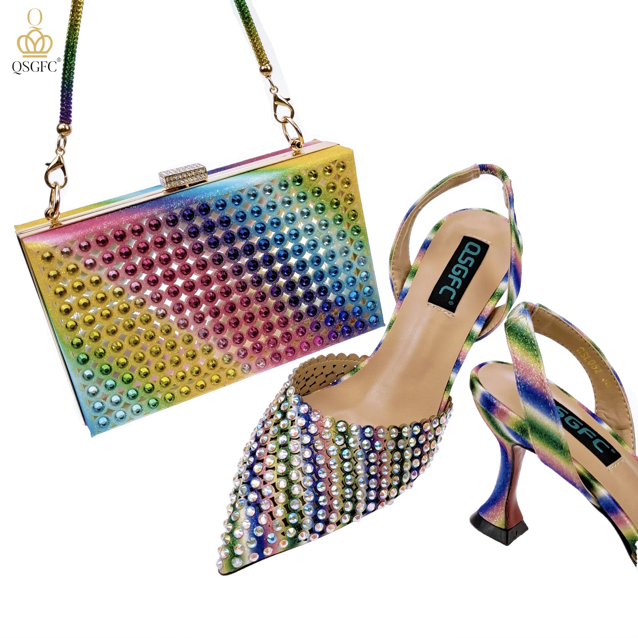 Italian Design Women Hollowed Out Embroidery Colorful Rhinestones Rainbow Color Women's Shoes and Party Wedding Bags Set RAINBOW