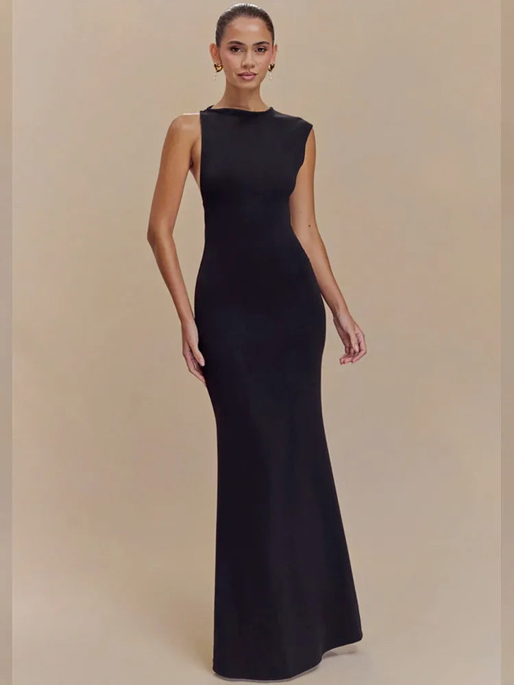 Ladies Women Sexy O Neck Tank Beige Black Maxi Long Celebrity Bodycon Bandage Dress 2025 Elegant Evening Club Party Dress