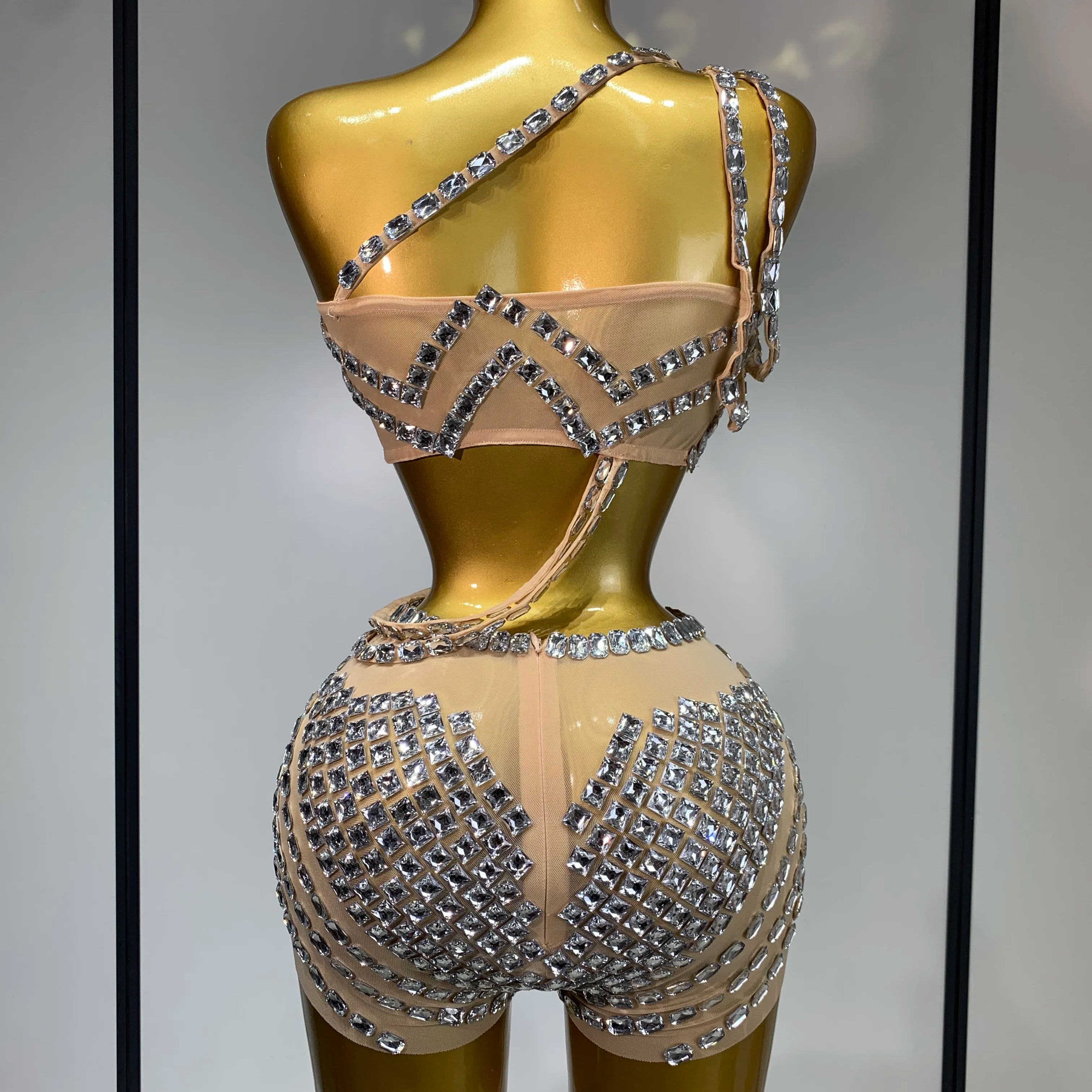 Luxury Diamonds Sexy Mesh Perspective Two Pieces Outfit Performance Dancer Singer Costume Nightclub Women's Set Birthday Wear