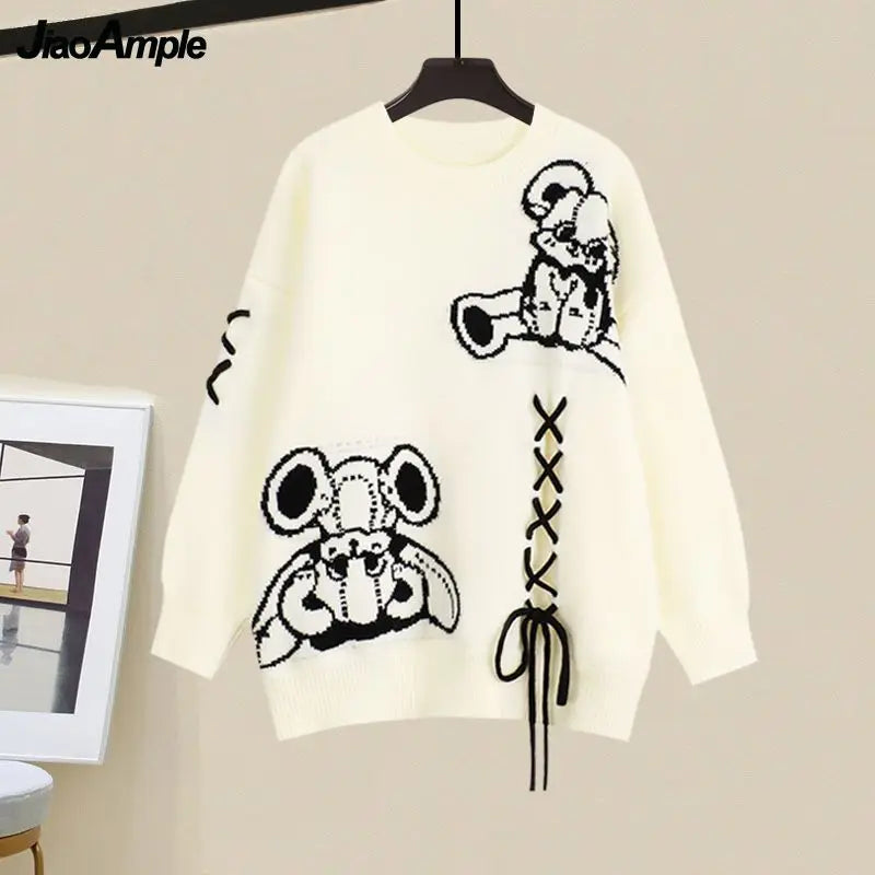 Autumn/Winter New in Matching Set Women's Loose O-Neck Knit Sweater Wide Leg Pants Two Piece Korean Elegant Tracksuit Suit