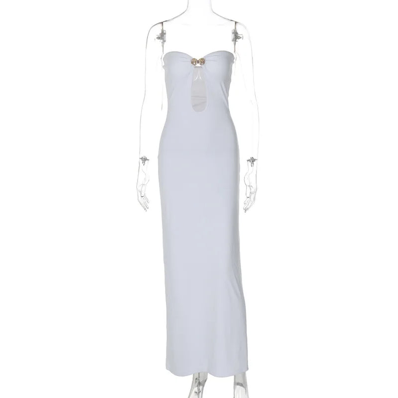 Mozision Metal Button Strapless Backless Long Dress Women Fashion Hollow Out Off-shoulder Sleeveless Bodycon Party Midi Dress White