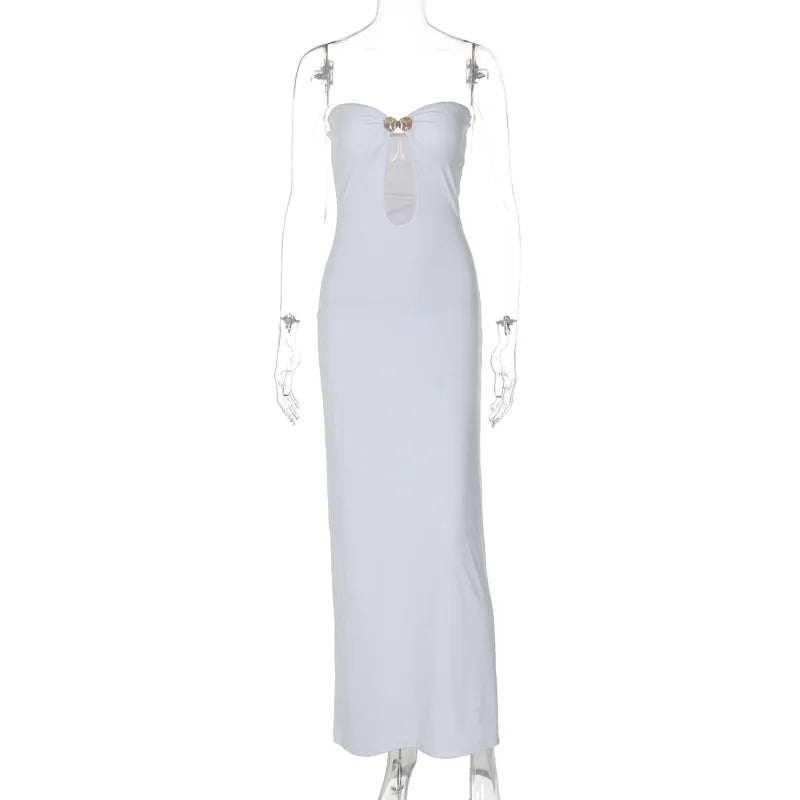 Mozision Metal Button Strapless Backless Long Dress Women Fashion Hollow Out Off-shoulder Sleeveless Bodycon Party Midi Dress White