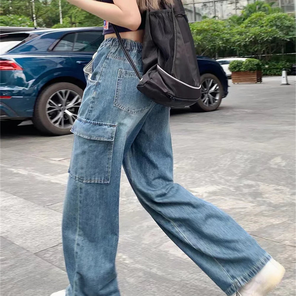 Retro loose drawstring elastic waist thin multi-pocket overalls straight wide leg jeans women's new summer tide