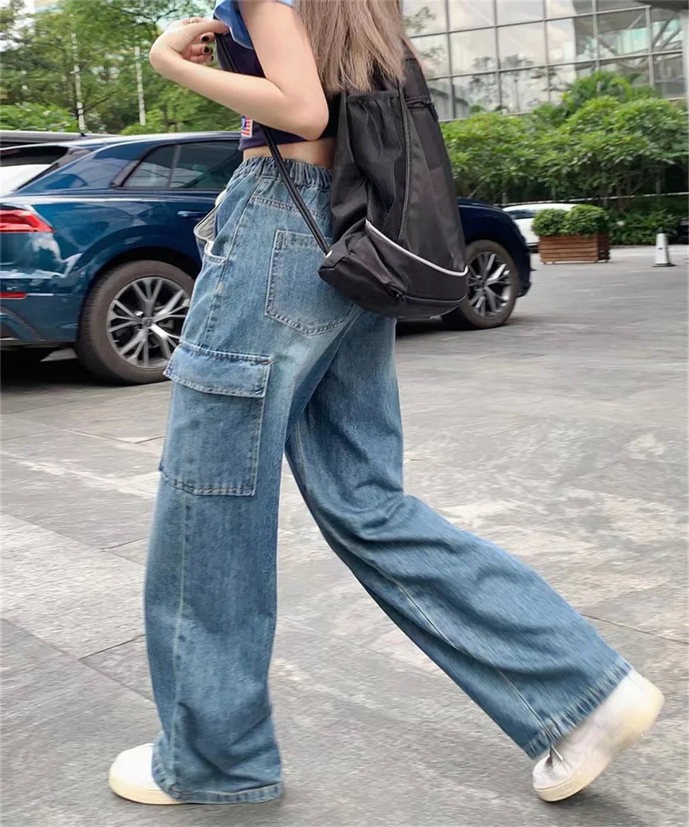Retro loose drawstring elastic waist thin multi-pocket overalls straight wide leg jeans women's new summer tide