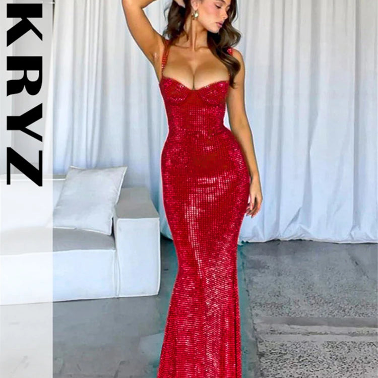 Ladies Sequins Sling Low Cut Evening Dress Women Sleeveless Backless Tight Fitting Maxi Dresses Female Evening Party Outfits