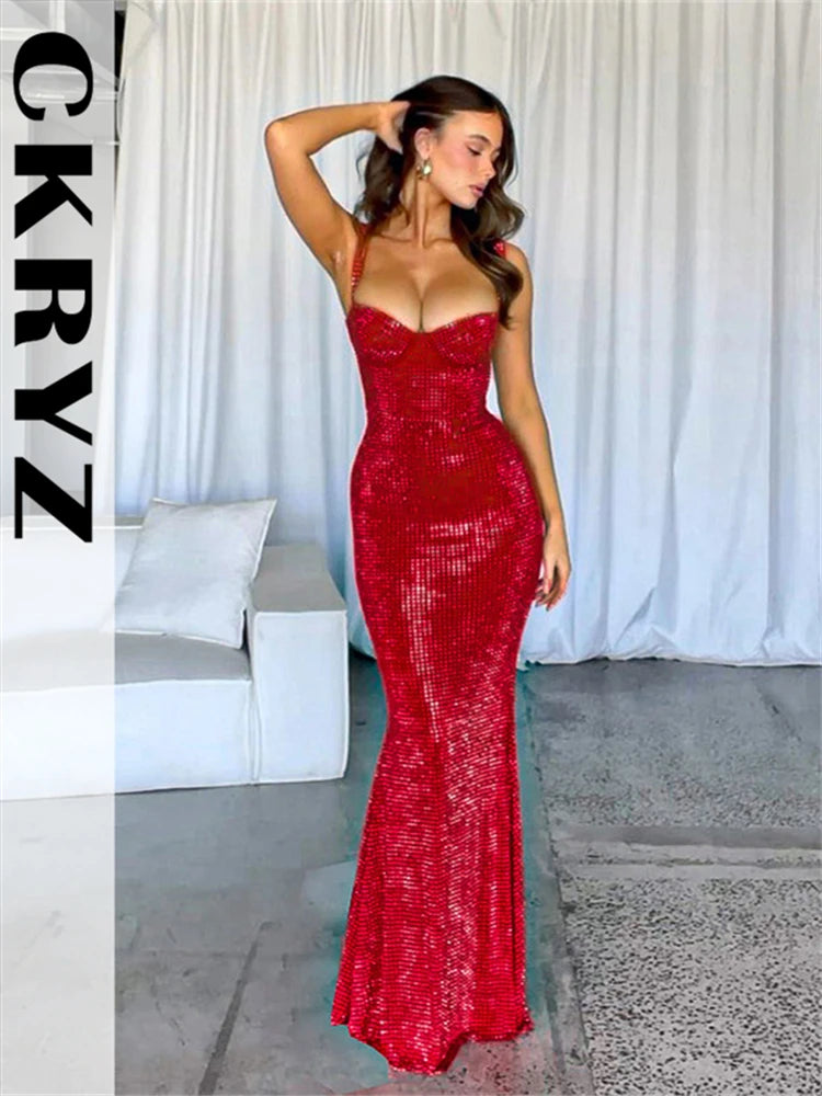 Ladies Sequins Sling Low Cut Evening Dress Women Sleeveless Backless Tight Fitting Maxi Dresses Female Evening Party Outfits