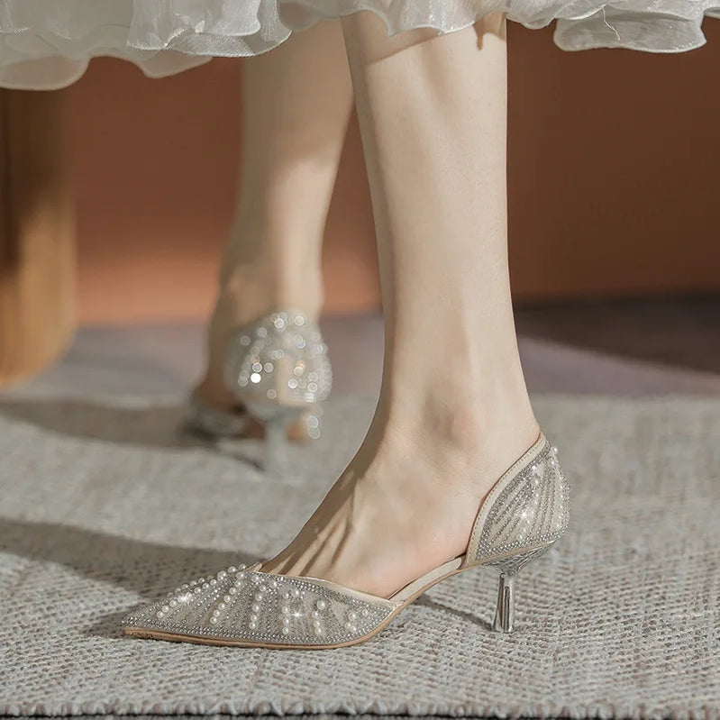 6CM Pointed Toe Bride Wedding Shoes Cinderella Prom Rhinestone Mary Janes High Heels Thin Heels Mary Jane Shoes