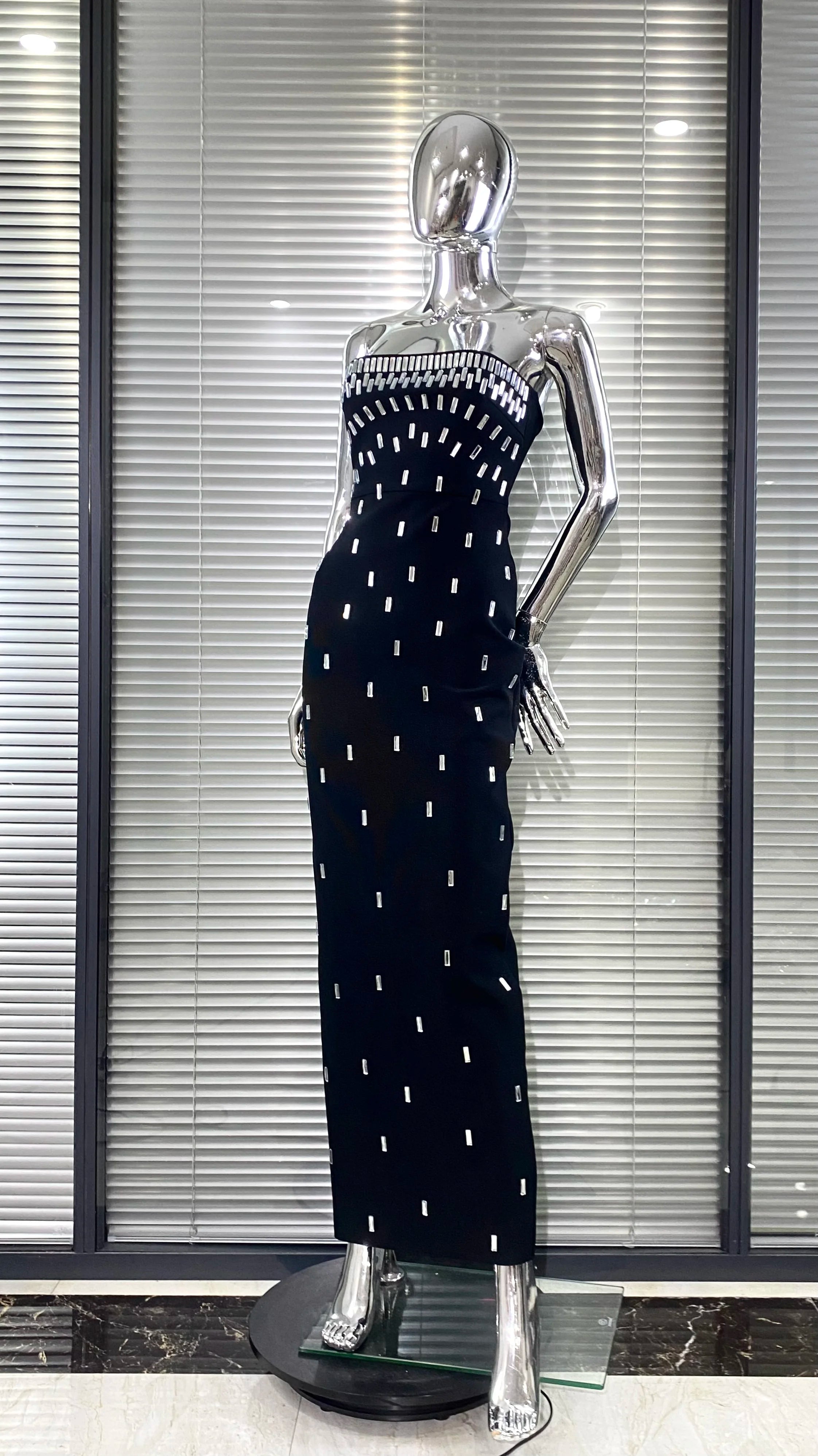 2025 Sparkling Diamonds Fashion Woman Party Dress Strapless Black Bandage Ankle Length Dress Celebrity Birthday Party Outfit