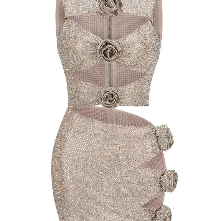 VC Women'S Luxury Party Dress Sparkly Silver Rhinestone Sexy Cut Out Beautiful 3D Flowers Decoration Tank Mini Dress Vestido Light Grey