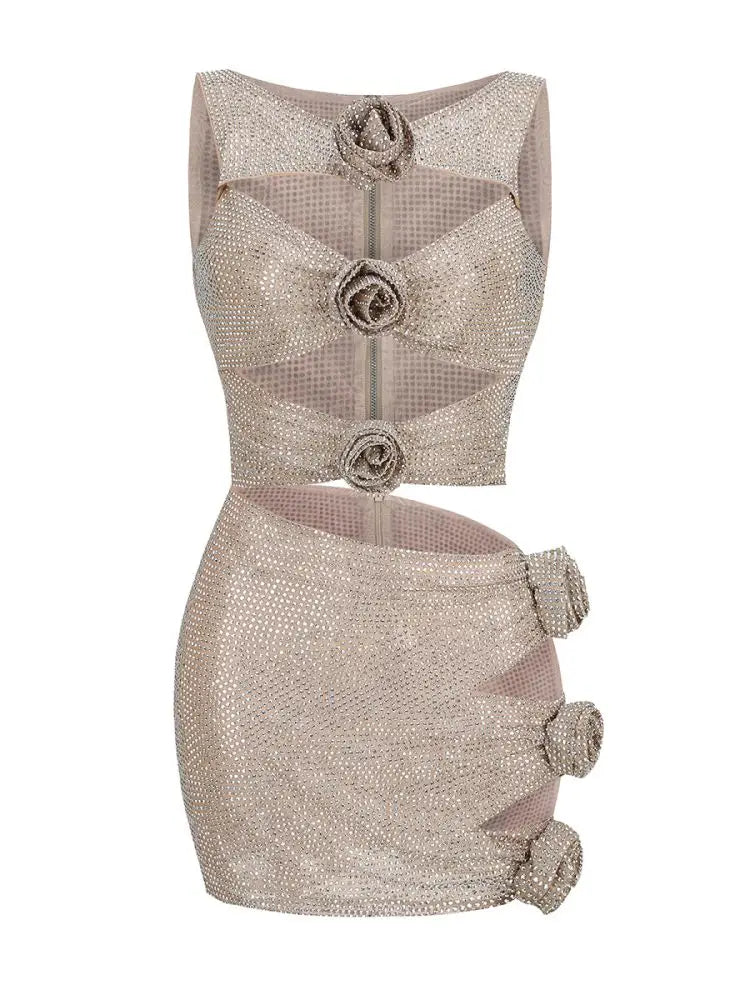 VC Women'S Luxury Party Dress Sparkly Silver Rhinestone Sexy Cut Out Beautiful 3D Flowers Decoration Tank Mini Dress Vestido Light Grey