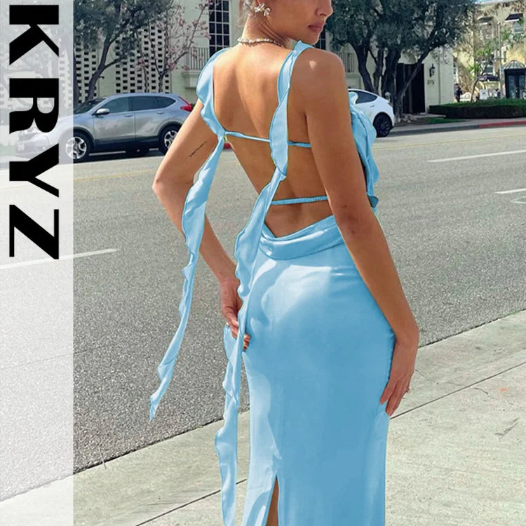 Ladies Summer Ruffle Y2K Clothes Sleeveless Backless Bandage Bodycon Maxi Dresses For Women Fashion Birthday Party Club Wear