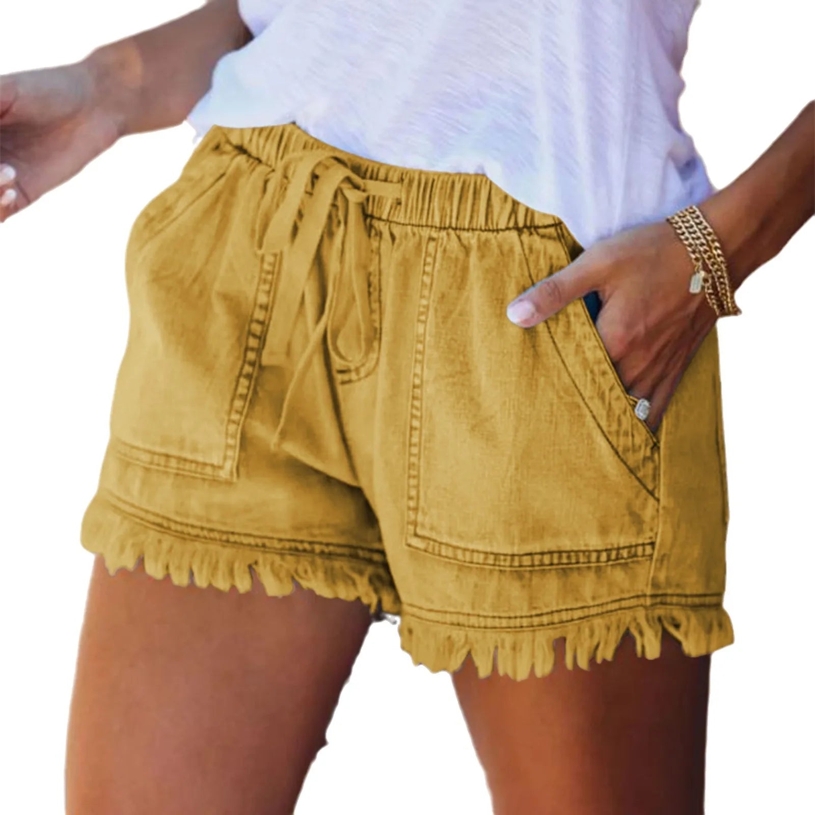 Plus Size High Waist Elastic Drawstring Jeans Shorts Women's Summer New Arrival