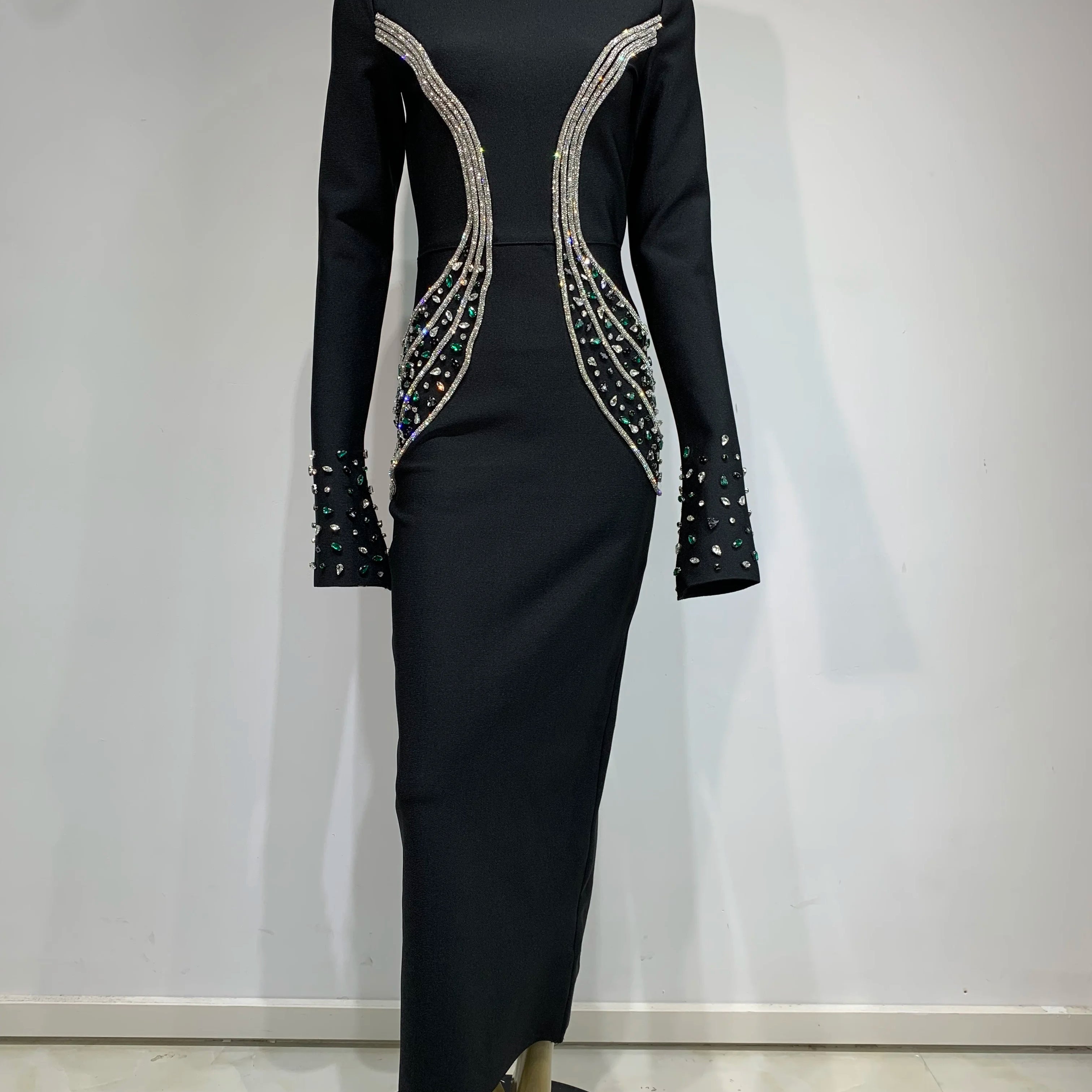 Women Celebrity Sexy Beading Crystal Diamonds Black White Maxi Long Bodycon Bandage Dress 2024 Elegant Evening Club Party Dress