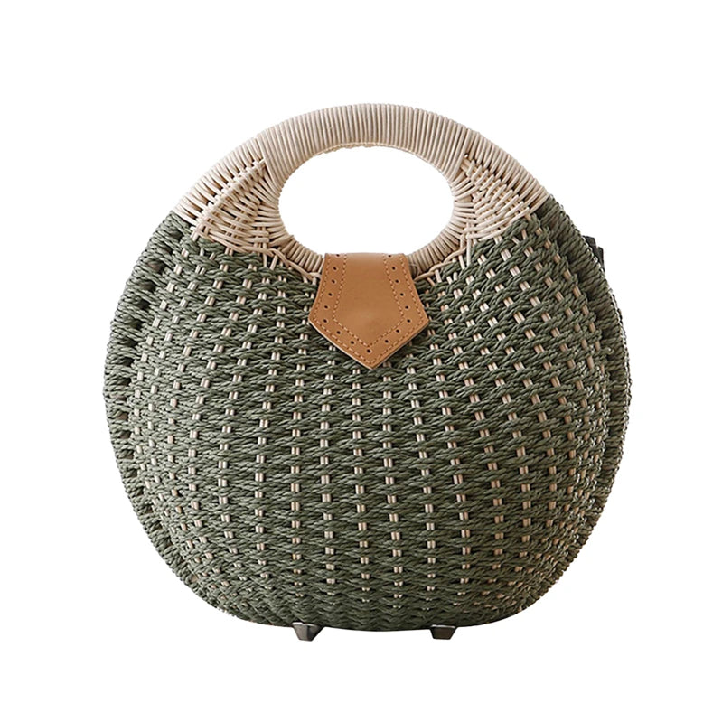 Holiday Shell Handbags Personality Cute Rattan Bag Casual Small Round Tote Woven Female Fashion Beach Bag green