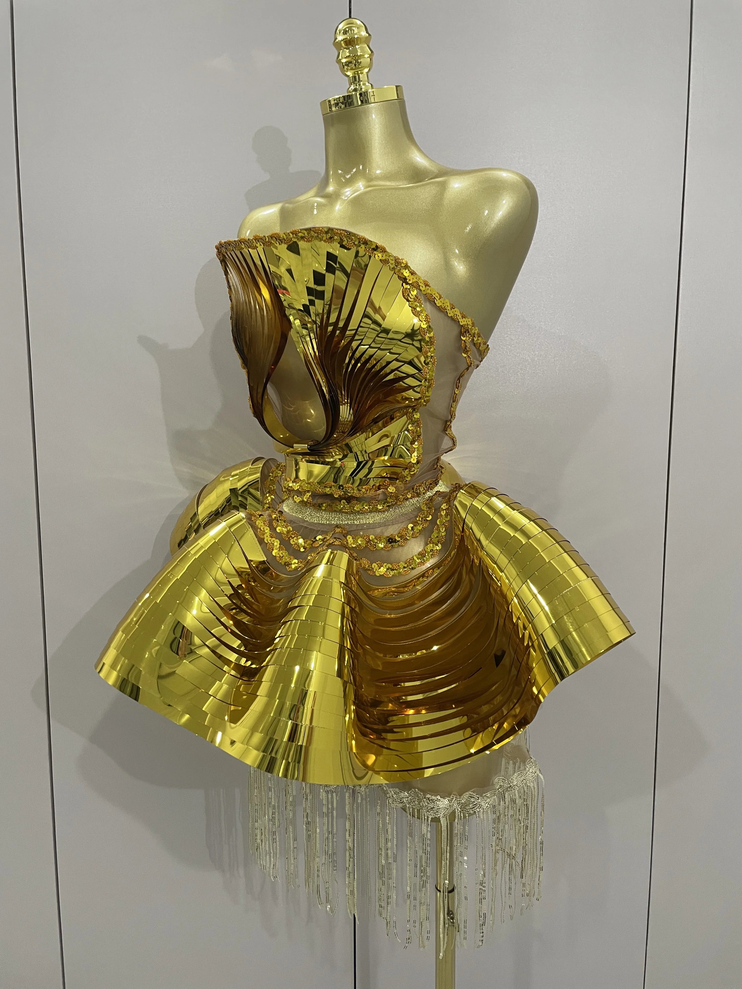 STOCK Shiny Gold Mirrors Sexy 2 Pieces Mini Dress 2025 Women Celebrate Birthday Party Performance Stage Costume Festival Wear