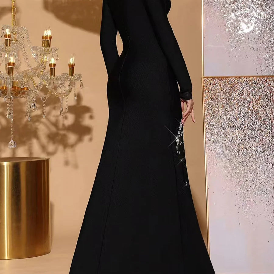 TWOTWINSTYLE Solid Slimming Spliced Diamonds Dresses for Women Round Neck Long Sleeves Patchwork Mesh Dress Female Clothing New