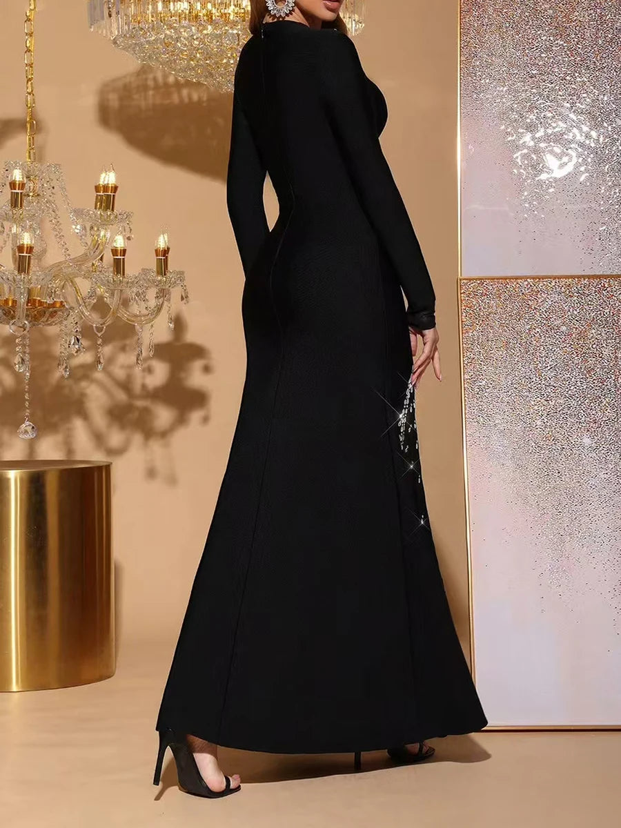 TWOTWINSTYLE Solid Slimming Spliced Diamonds Dresses for Women Round Neck Long Sleeves Patchwork Mesh Dress Female Clothing New