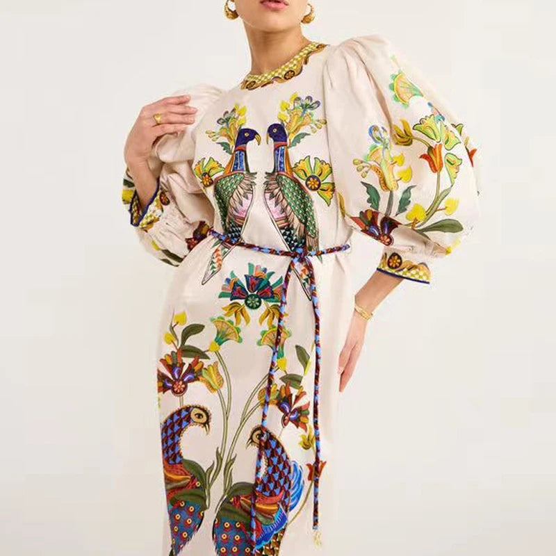 Elegant Loose Tie-Up Stand Collar Shirt Dress Women Fall Boho Print Pink Maxi Dress Fashion Geometric Cartoon Pattern Long Dress 03 Milky White