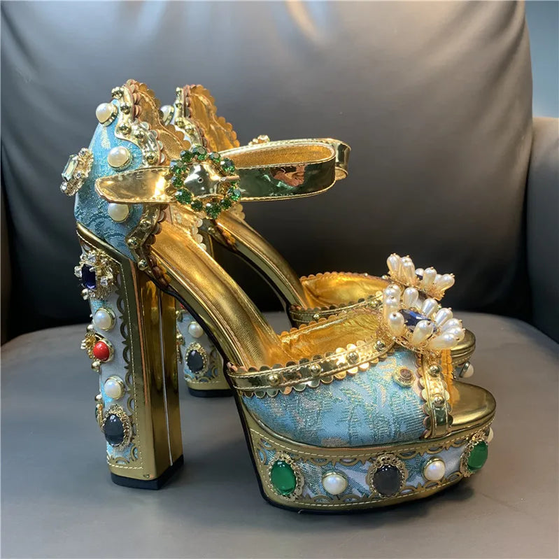 Women Chunky High Heels Shoes Platform Sandals For Women Rhinestone Metallic Gold Leather Shoes Woman Peep Toe Wedding Shoes