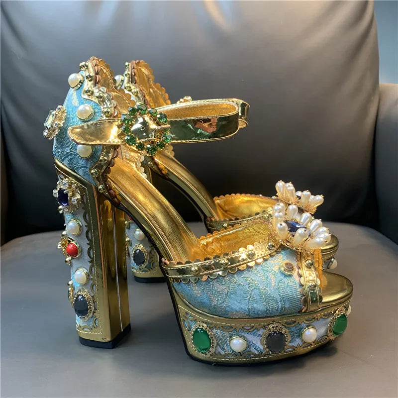 Women Chunky High Heels Shoes Platform Sandals For Women Rhinestone Metallic Gold Leather Shoes Woman Peep Toe Wedding Shoes