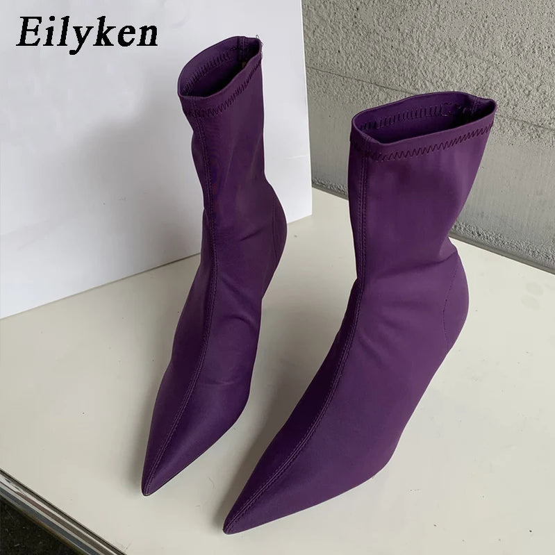 Eilyken 2025 Spring Autumn Stretch Fabric Women Ankle Boots Sexy Pointed Toe High Heels Fashion Female Socks Pumps Shoes