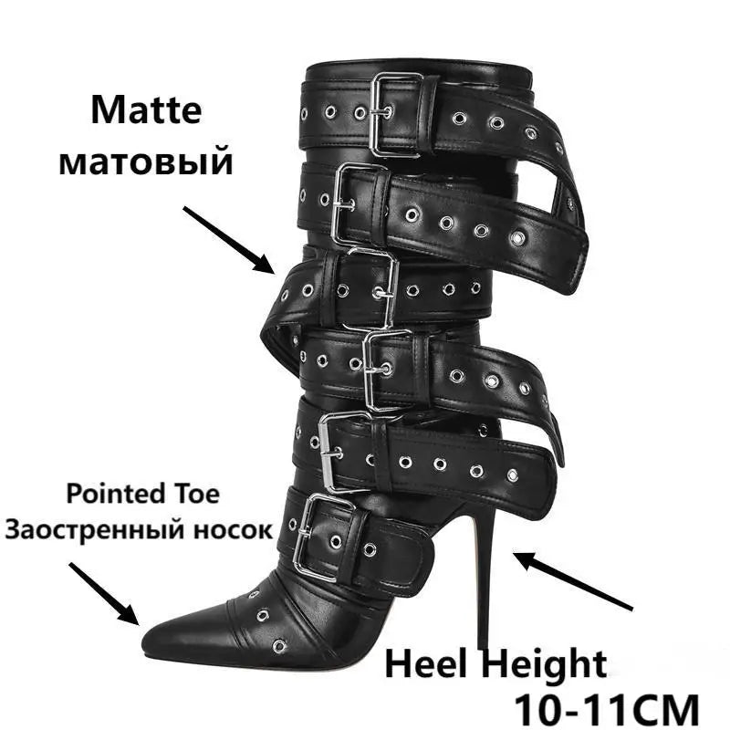 Women Pointed Toe Mid-Calf Boots Buckle Strap Thin High Heel Lady Zipper Female Stiletto Boots