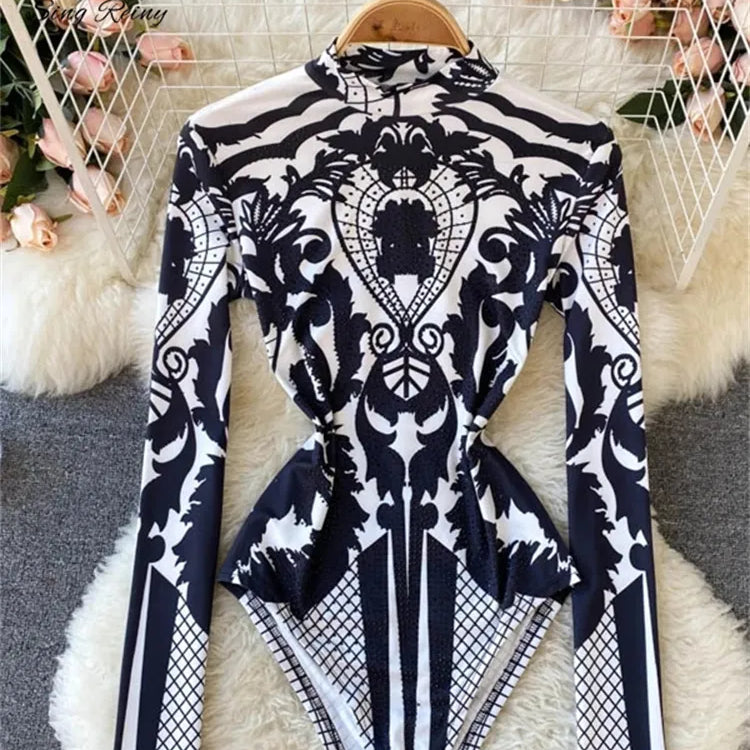 Design Autumn New Print Rompers Women Stand Collar Long Sleeve Slim Jumpsuits Chic Fashion Sexy Bodycon Short Bodysuit