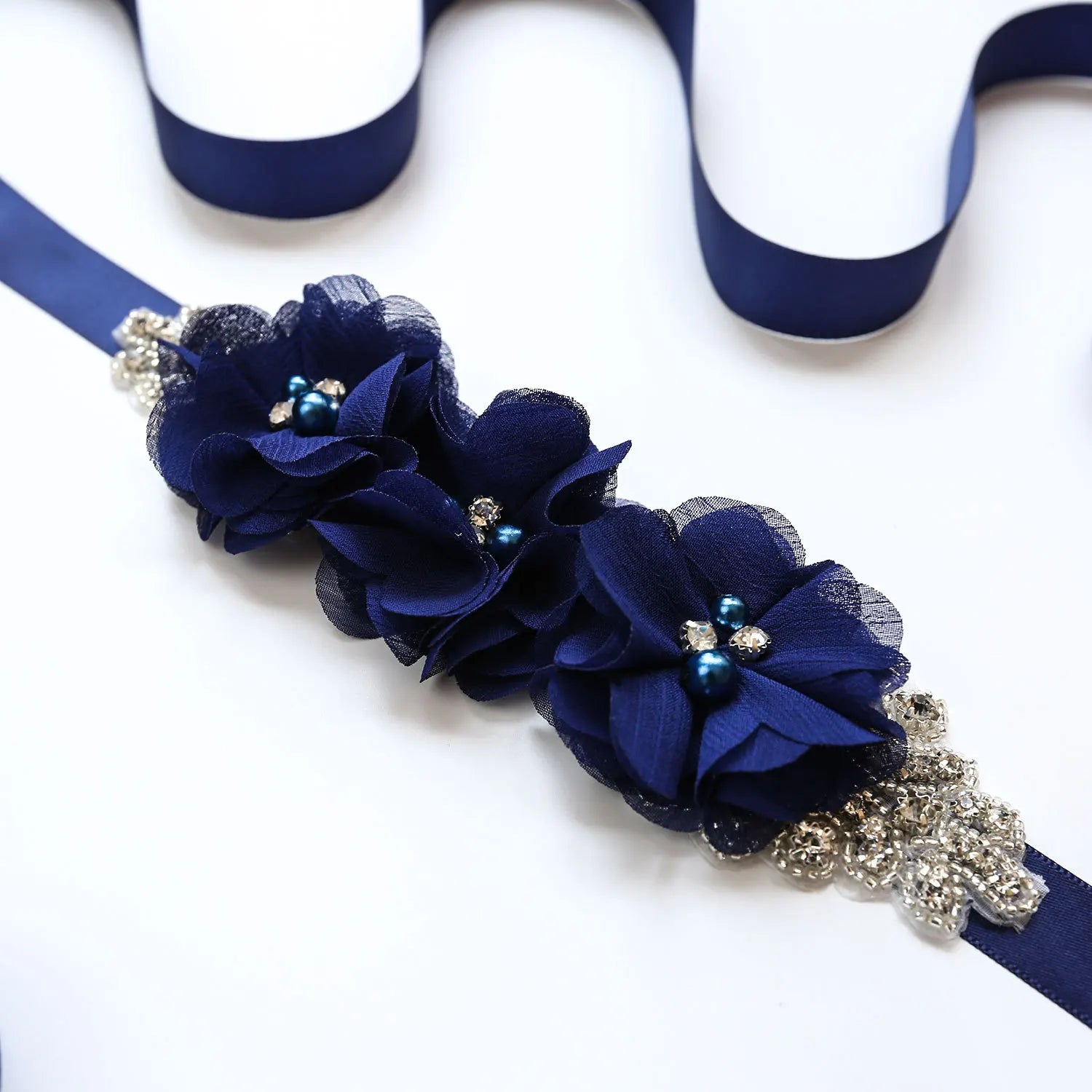 Wedding Accessories Bridal Belts Satin Flower Sash Woman Girl Belts Flower Bead Belts Floral Belt Wedding Rhinestone Flower Belt 2-Navy