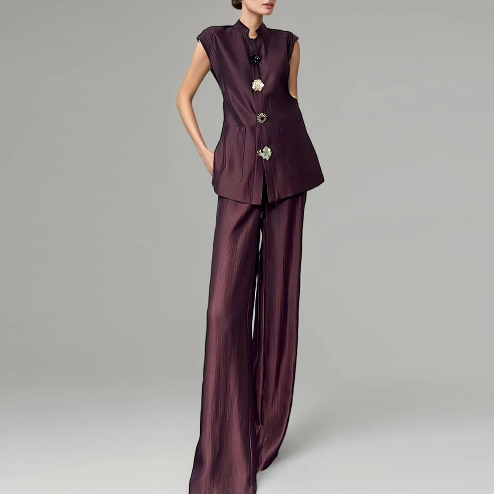 TWOTWINSTYLE Fashion Two Piece Sets for Women Round Neck Sleeveless Spliced Irregular Button Top High Waist Pant Set Female New