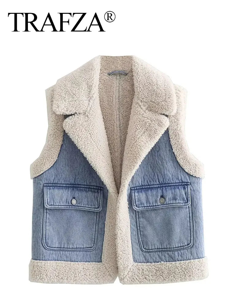 Women Faux Sheepskin Fur Waistcoat Autumn Winter Chic Lady Denim Vest Woman Sleeveless V Neck Jacket Waistcoats