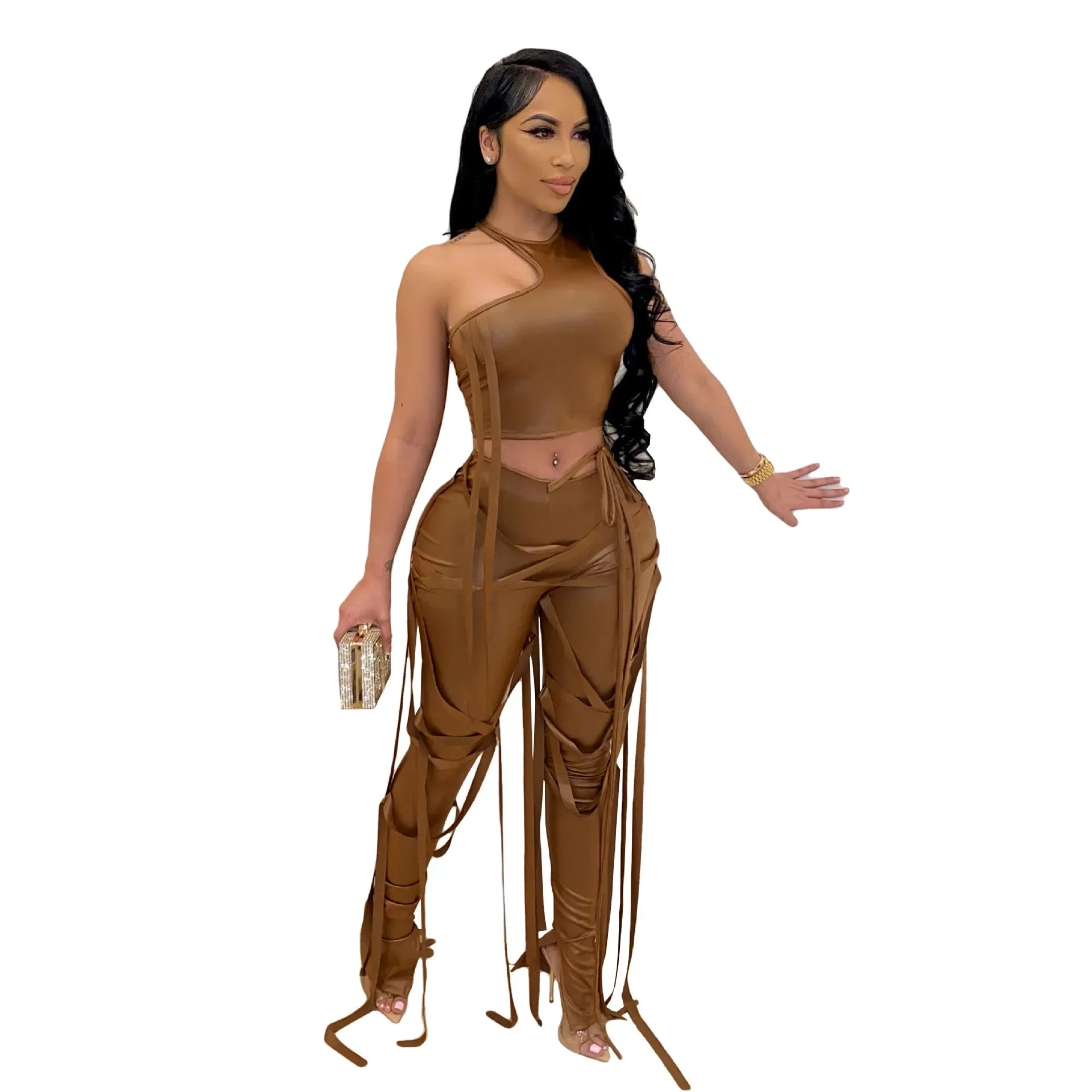 CM.YAYA Faux Leather Women's Set Drawstring Lace Up Slit Leggings Pants Suit and Crop Top Street Tracksuit Two Piece Set Outfit