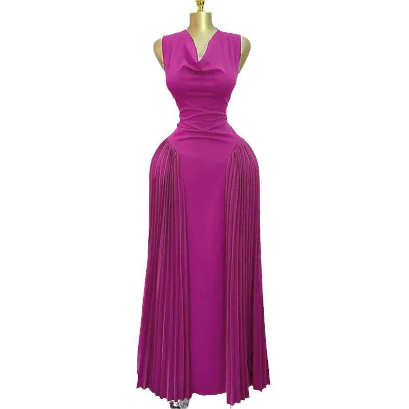 CM.YAYA 2025 Summer Elegant Sleeveless Sweet V-Neck Floor-Length Long Women Dress Beach Party Evening Sexy Pleated Dresses wine red