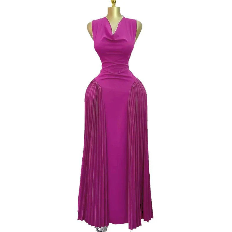 CM.YAYA 2025 Summer Elegant Sleeveless Sweet V-Neck Floor-Length Long Women Dress Beach Party Evening Sexy Pleated Dresses wine red