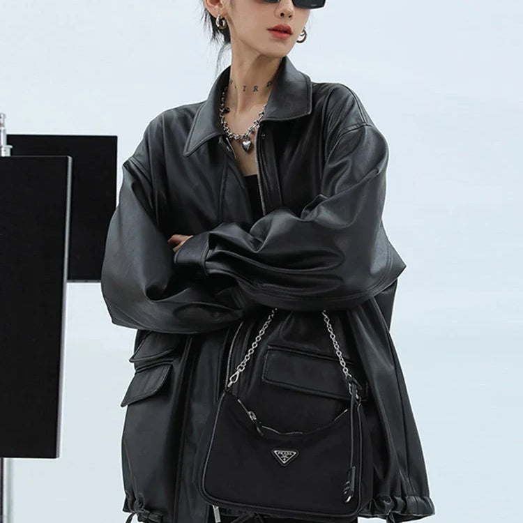 Spring Autumn Oversized Casual Waterproof Black Soft Pu Leather Jacket Women with Drop Shoulder Long Sleeve Fashion 2022