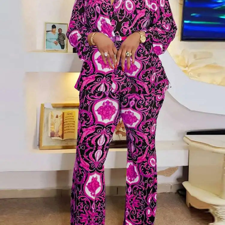 Plus Size 5XL VONDA Women Printed Pant Sets Summer Bohemian Suits Casual 2PCS Loose V-Neck Long Sleeve Tops and Trousers Sets