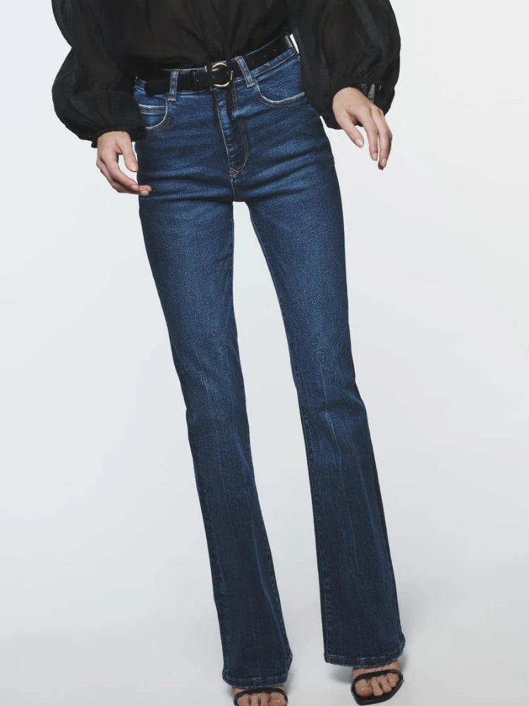 Woman's High Waist Flare Jeans Autumn Washed Effect High Rise Five Pocket Zip Button Closure Stretch Flared Legs Jeans