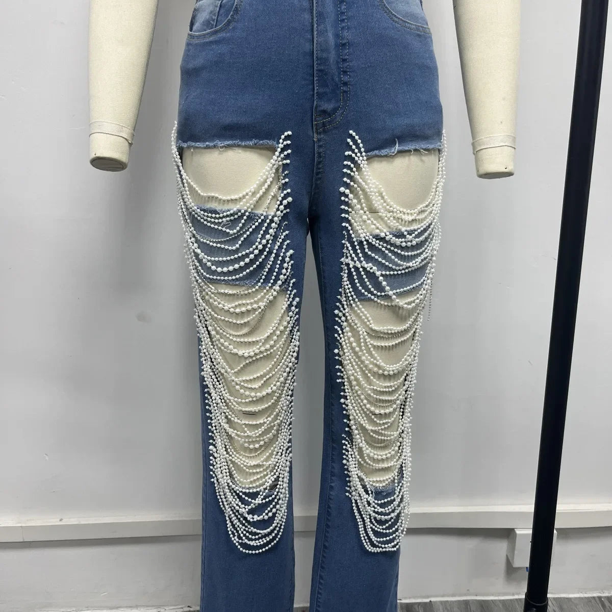 CM.YAYA Women Fashion Pearl Beading Ripped Hollow Out Tassel Wide Leg Jeans 2024 New Summer INS Street Denim Pants Trousers