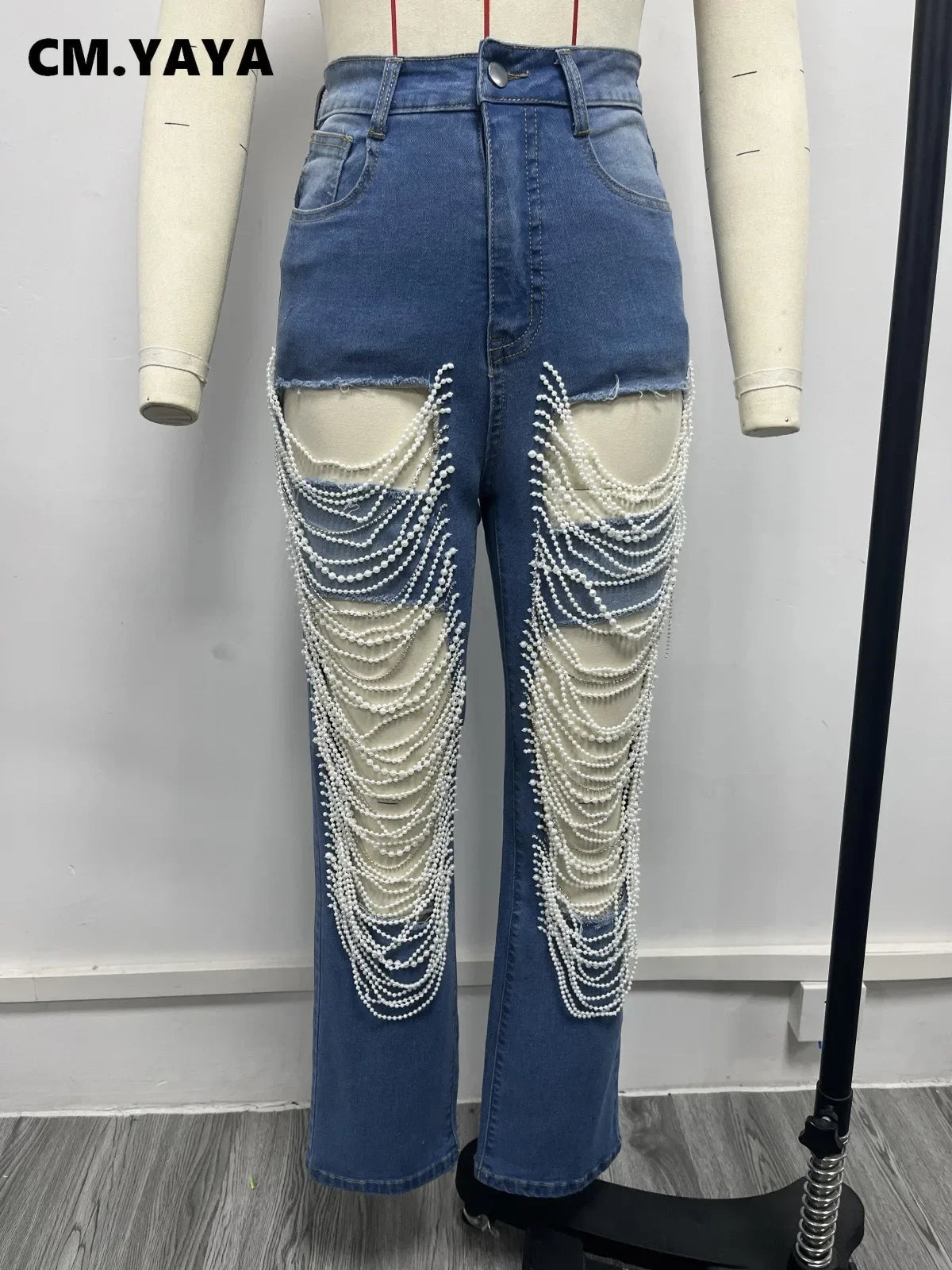 CM.YAYA Women Fashion Pearl Beading Ripped Hollow Out Tassel Wide Leg Jeans 2024 New Summer INS Street Denim Pants Trousers