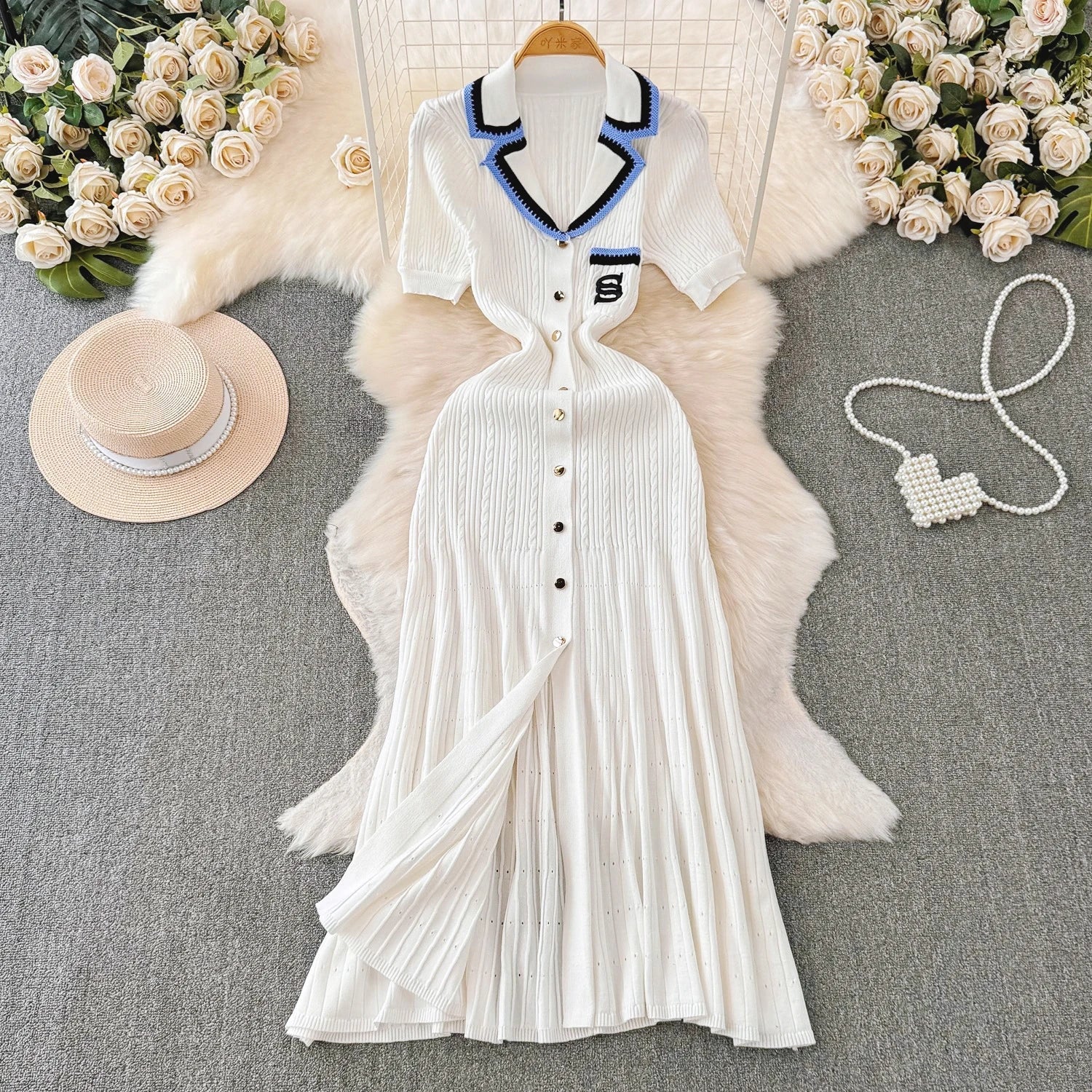 YuooMuoo Summer Women Knitted Long Dress Brand Fashion Turn-down Collar A-line Sweater Dress Elegant Lady Office Dress Robe WHITE One Size
