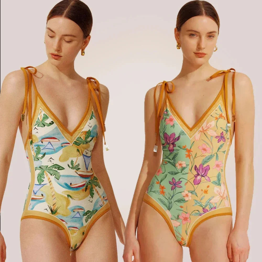 Vintage Printed Double-sided Wear Swimming Bathing Suit Women Bandage Sexy One Piece Swimsuit Beachwear Swimwear Woman