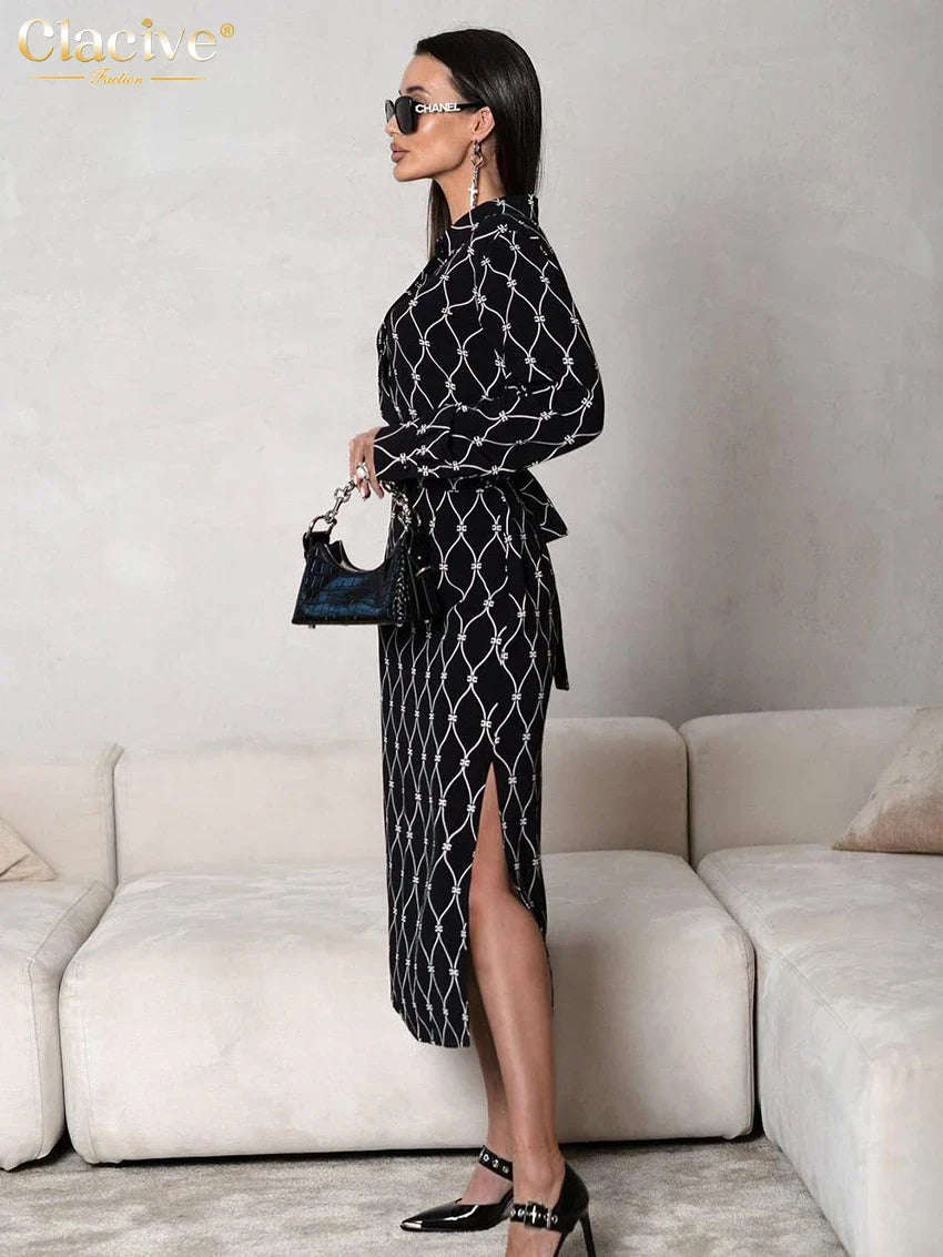 Clacive Fashion Loose Print Women'S Dress Casual Lapel Long Sleeve Midi Dresses Elegant Classic Lace-Up Slit Female Dress