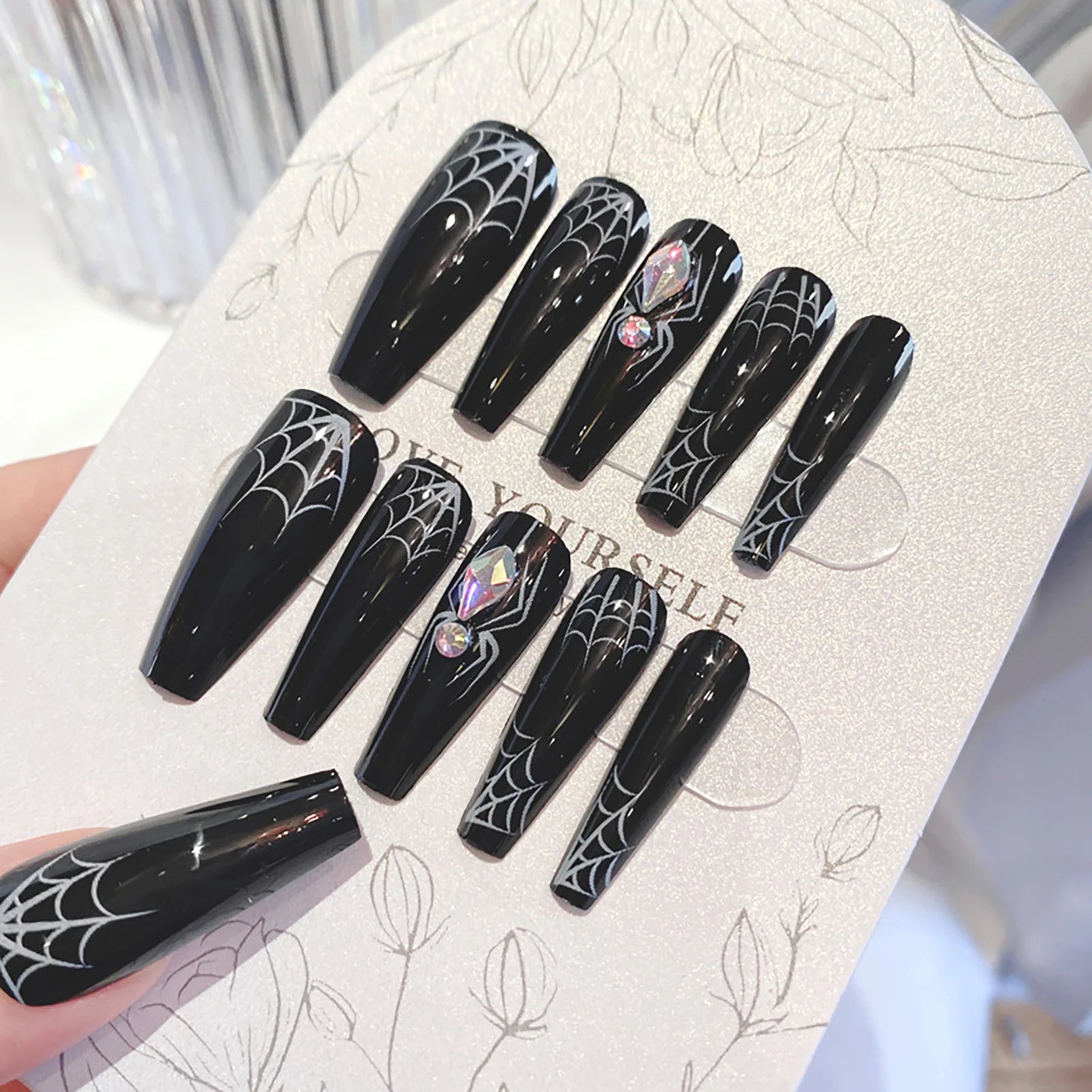 24pcs Halloween Gothic Fake Nail with Black Spider Bow Design False Nails European Long Coffin French Press on Nails Wearable