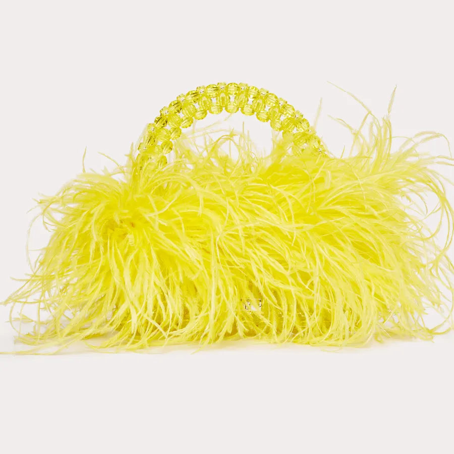 Pearl Bead Bag With Ostrich Feather Fur Designer Brand Clear Acrylic Crystal Stone Box Tote Handbag Women Handmade Party Purse yellow