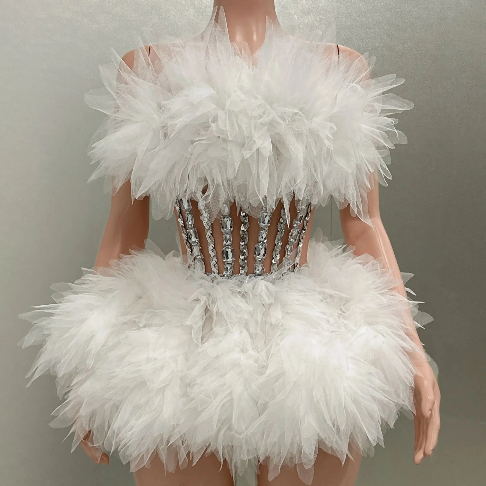 Hot Sale Women Sexy Mesh Ruffles Ball Gown Mini 2 Pieces Dress Lace-up Crystal Birthday Party Celebrate Nightclub Wear