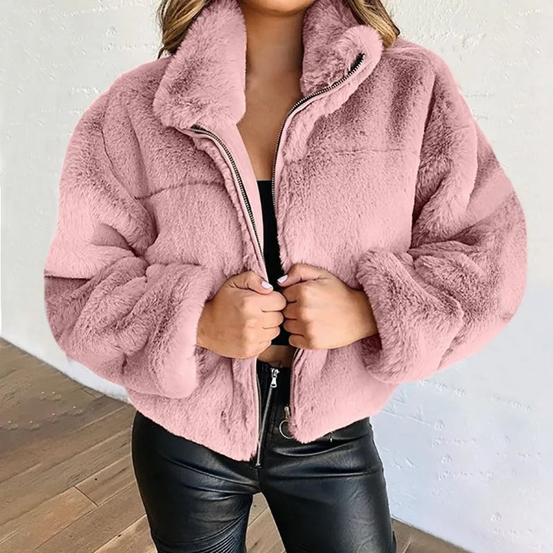 Autumn Winter Women's Faux Fur Zipper Cardigan Plush Warm Coat Large Size Female Solid Loose Short Thicken Jacket Lapel Outwear Pink