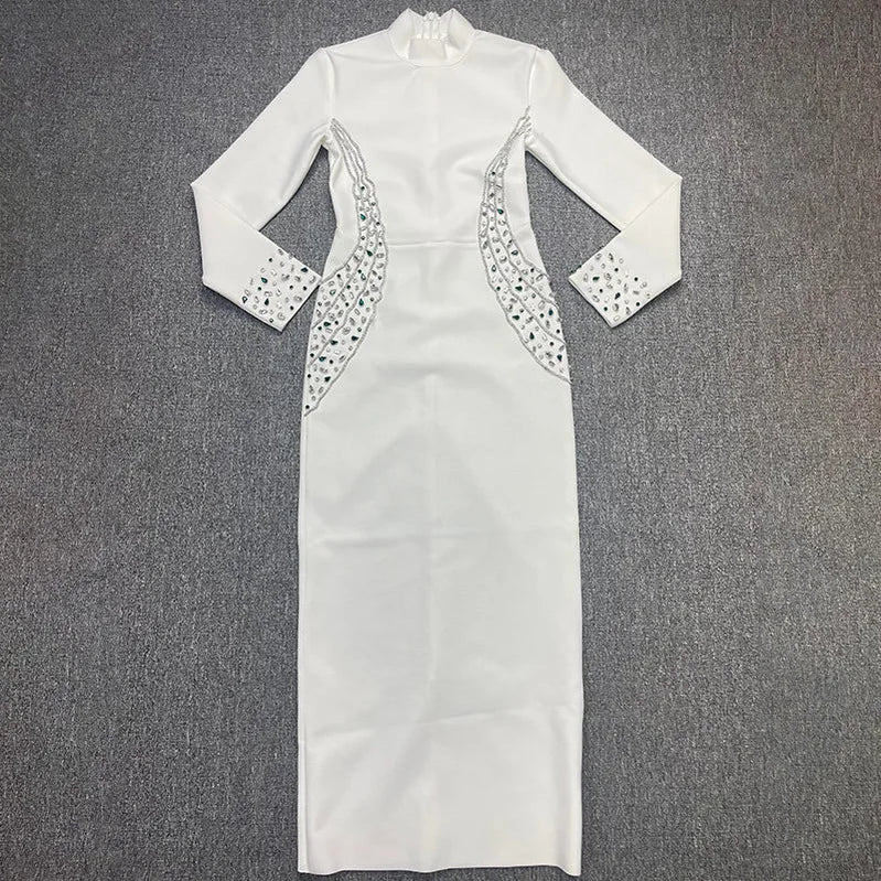 Black White Color Women Long Sleeve Shinning Rhinestones Bodycon Long Bandage Dress Evening Party Celebrate Outfit Vestido