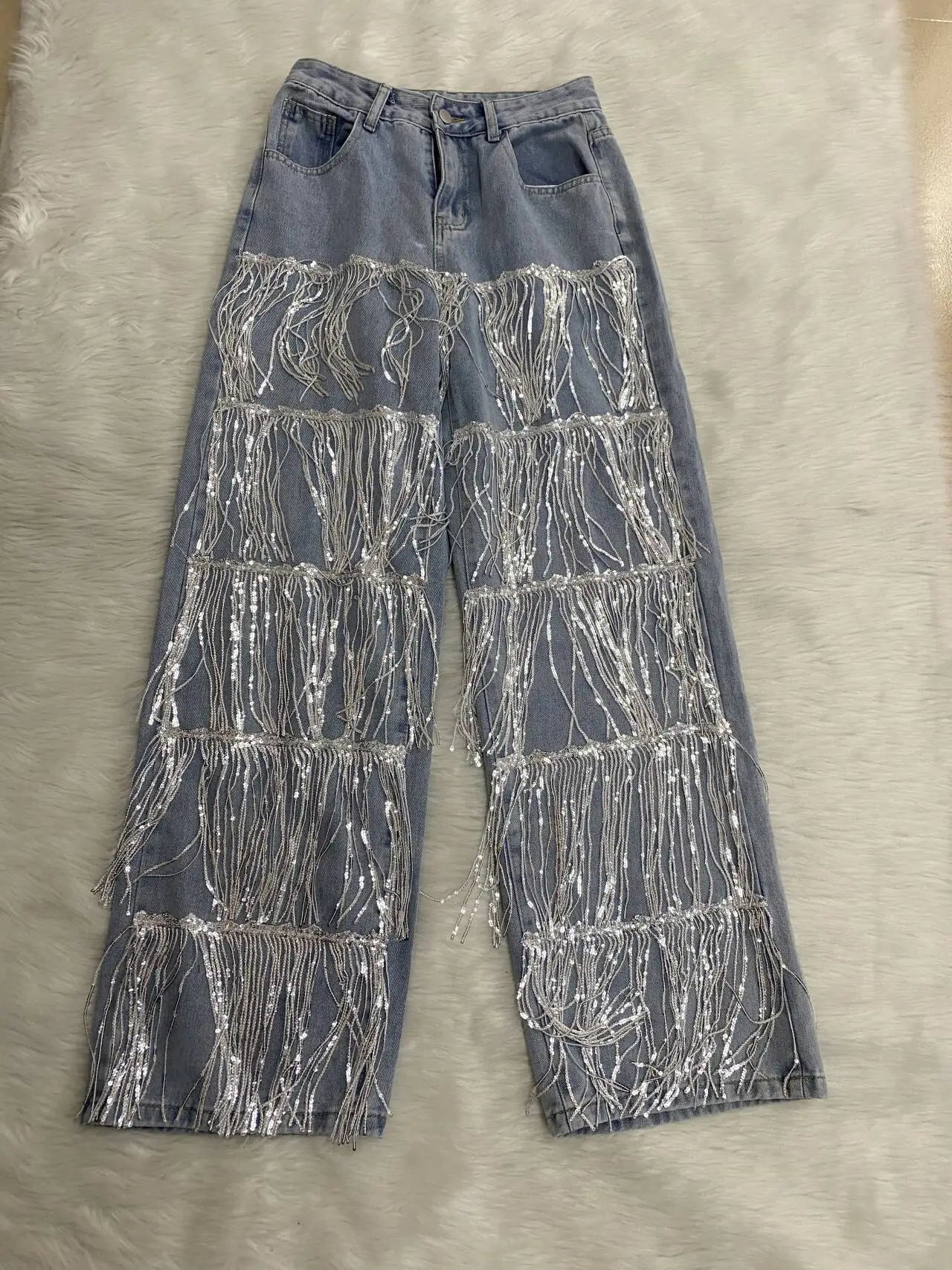 CM.YAYA Women Sequins Tassel Wide Leg Blue Denim Pants 2025 Summer Streetwear Party Vintage High Waist Jeans Trousers