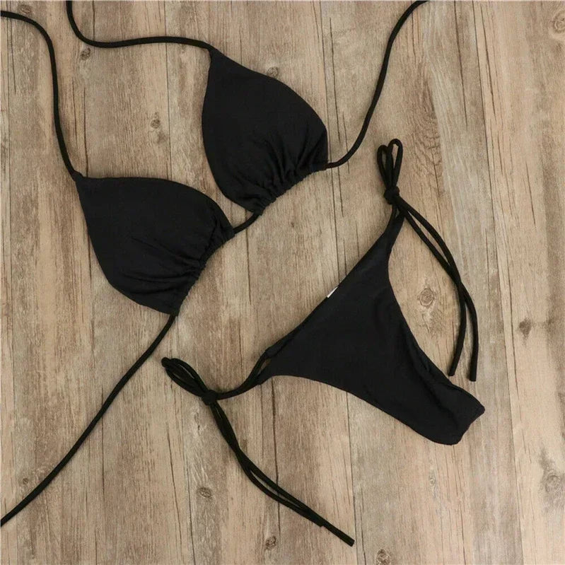2 Pcs/Set Bikini Set Sexy Bikinis Solid Color Halter Neck Strap Thong Swimwear Bathing Suit Women Swimsuit Set for Beach